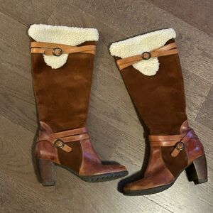 Vintage Y2K contrasting Brown Suede Leather Shearling Trim Knee-High Boots - 8